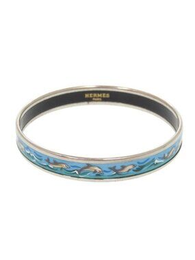 Hermes Enamel PM Dolphin Metal Silver Blue Bangle Bracelet